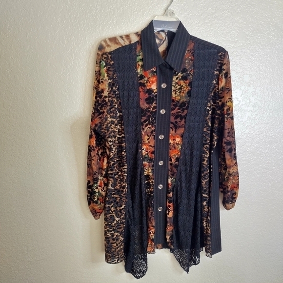 Calessa color block button down velour blouse sz L - Picture 1 of 9